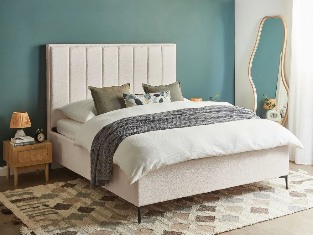 Letto Matrimoniale con Contenitore in tessuto bouclè bianco sporco 160 x 200 cm gambe in metallo Nero