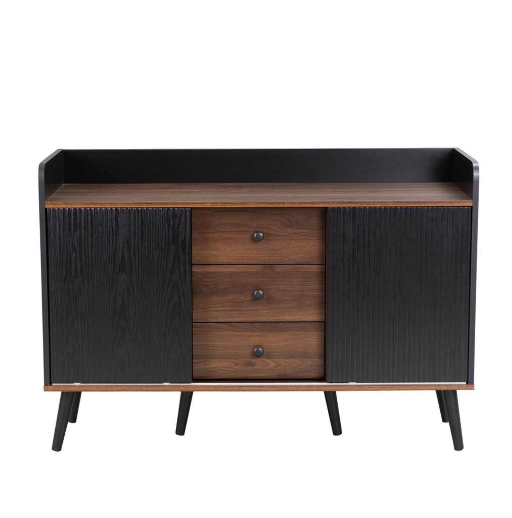 Sideboard 117.5x40x80 cm con 3 cassetti; ante scorrevoli e ripiani; nero e legno
