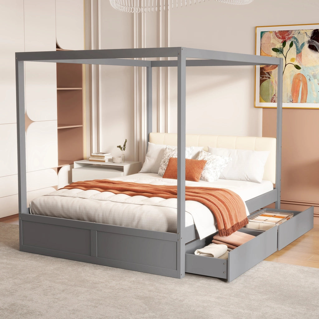 LETTO a tenda 140x200 cm con 2 cassetti e testiera imbottita grigio