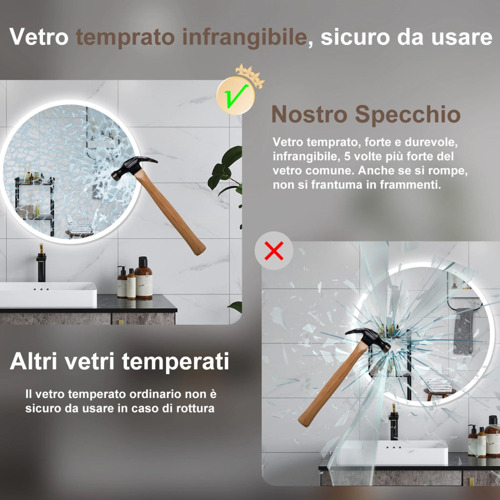 AICA Specchio da bagno 80 x 80 cm, 3 colori, antiappannamento, dimmerabile, interruttore touch, Funzione Memoria