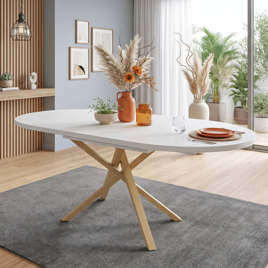 Tavolo allungabile con base a croce, struttura stabile in MDF e metallo, per sala da pranzo cucina soggiorno, bianco