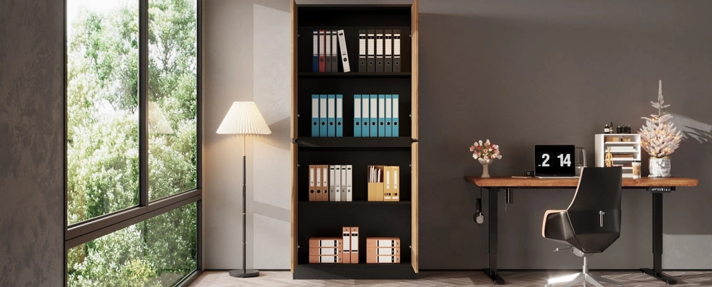 Armadio alto ULEVR 80x35x180 cm con ripiani regolabili e cerniere soft-close, nero e effetto rovere