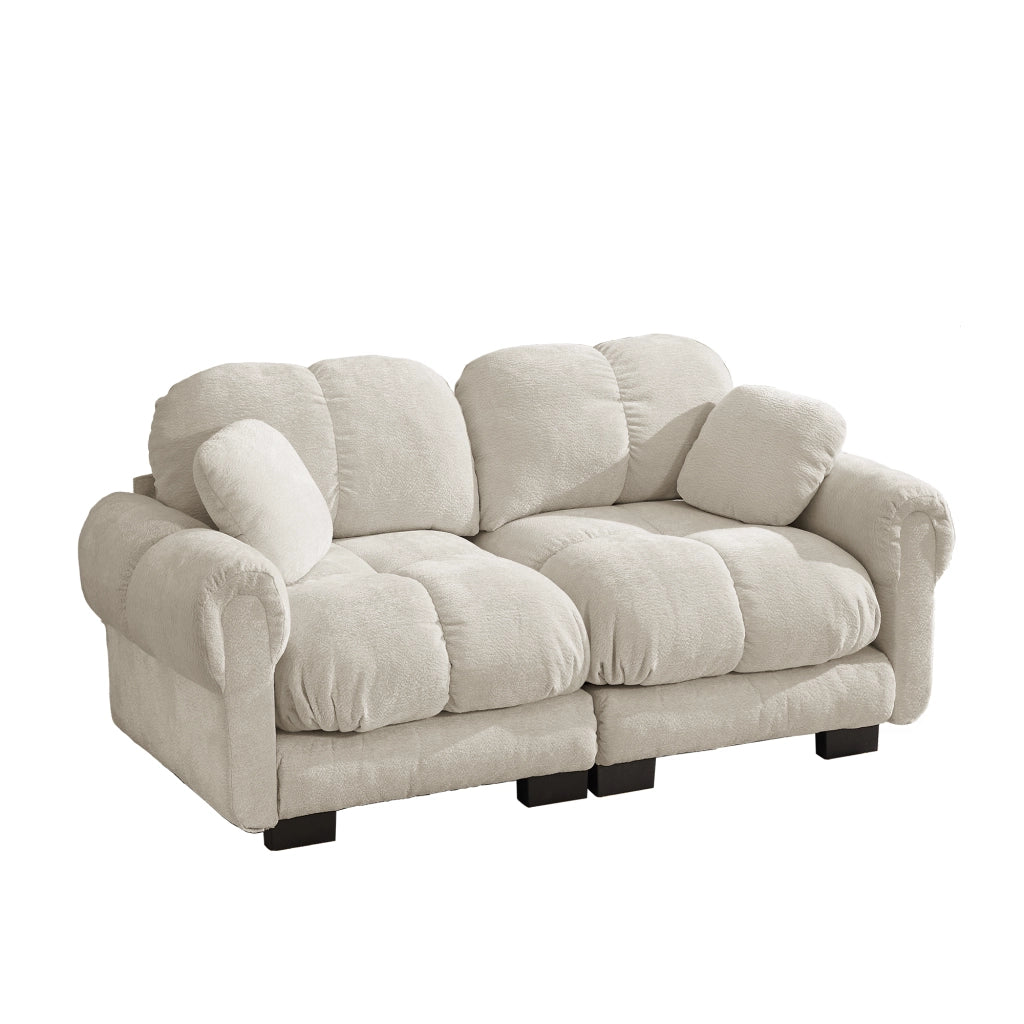 Divano dritto 2 posti modulare con cuscini trapuntati e cuscino lombare in Chenille, Beige chiaro