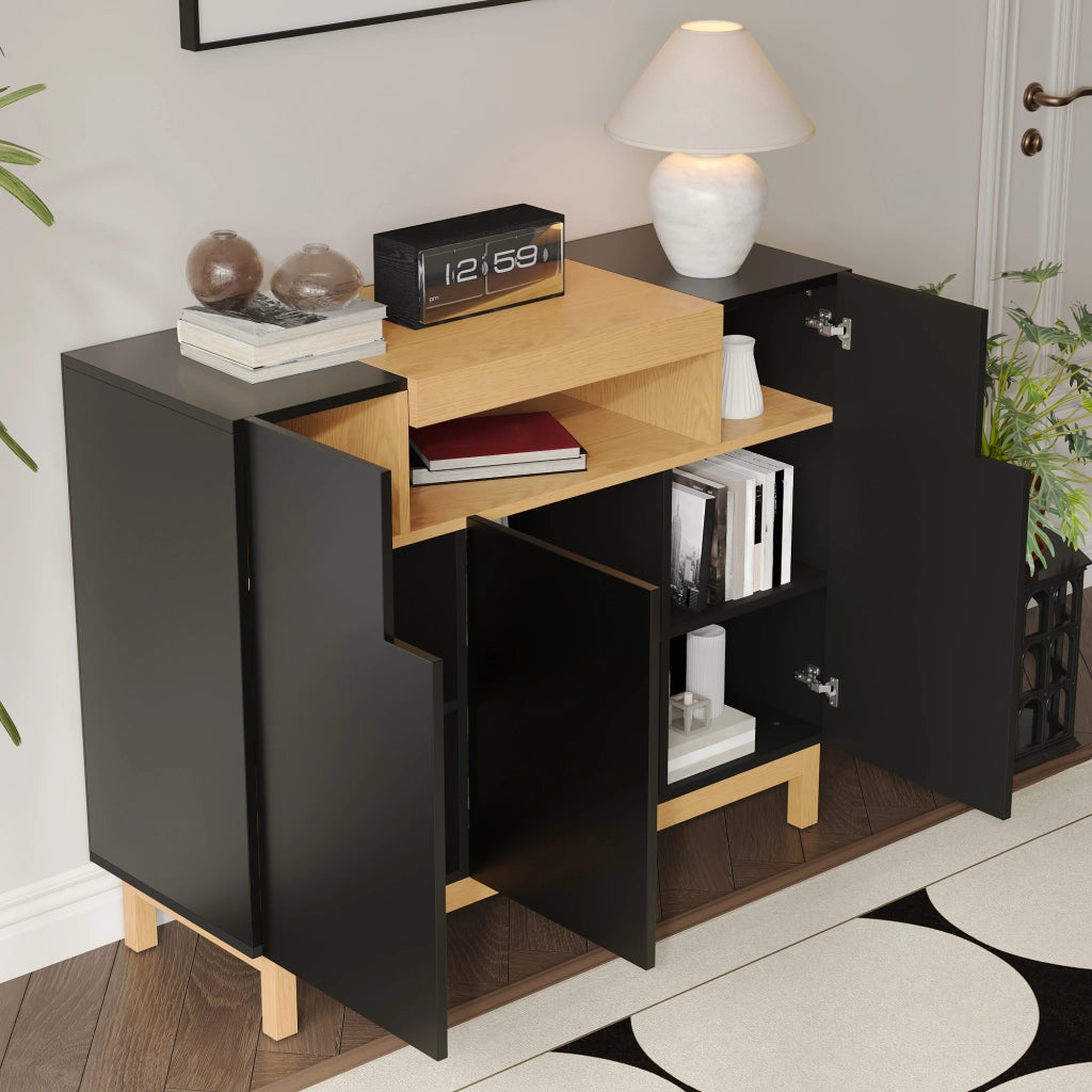 Credenza con 3 Ante e Vano a Giorno; Stile Moderno Minimalista; in Pannello Truciolare; Nero; 120;5??42??96 cm