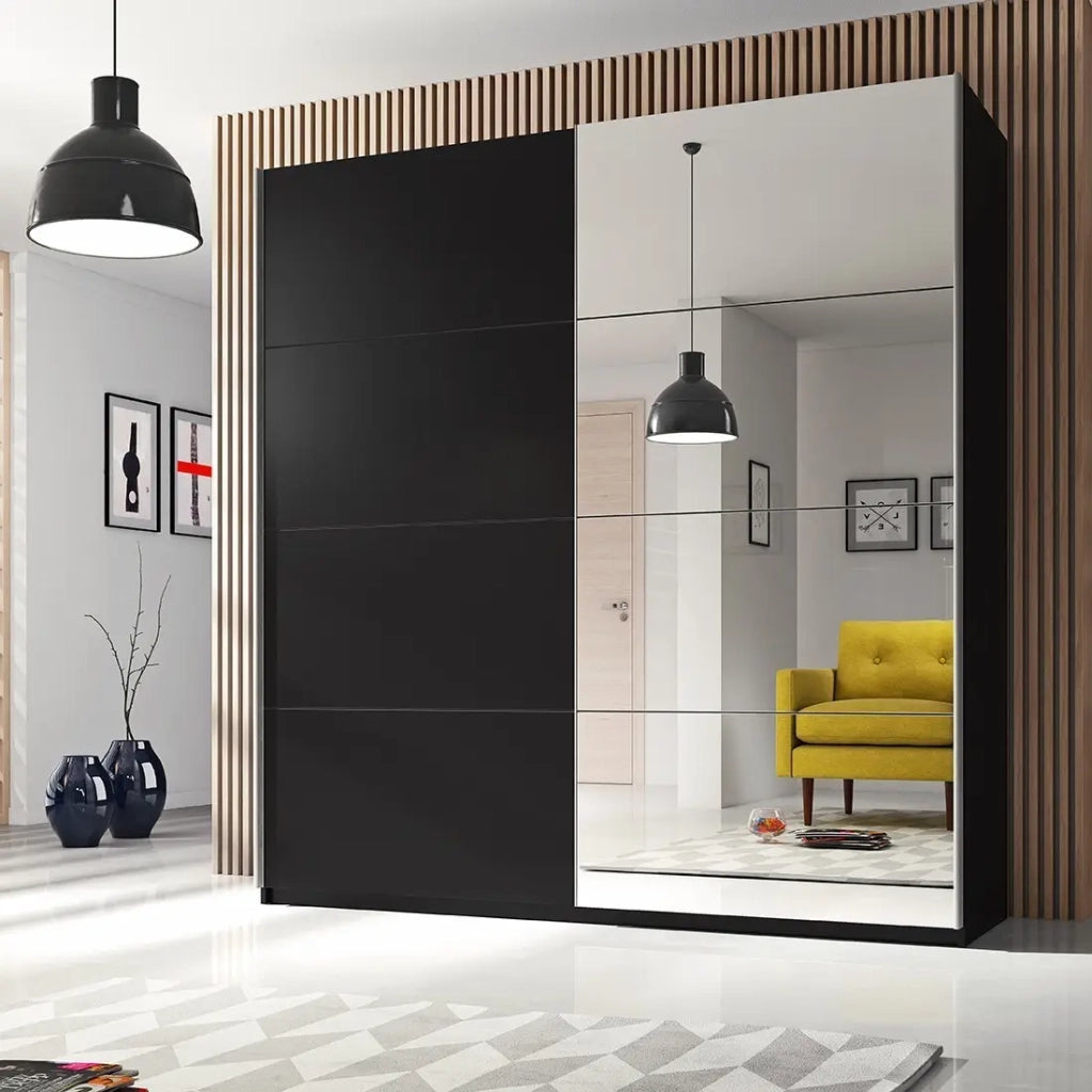 Armadio design 220cm. 2 porte con specchi modulabili. Colore nero opaco. Collezione EOS