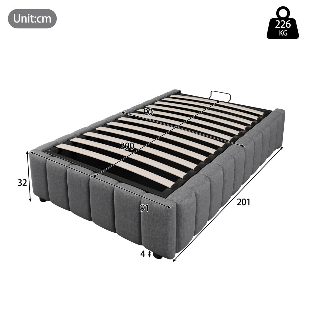 Letto imbottito 90x200 cm in lino con contenitore idraulico; senza testiera; grigio