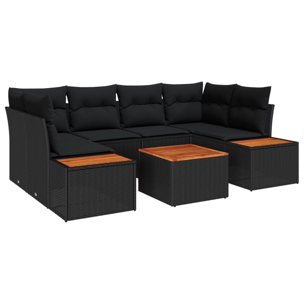 Set Divano da Giardino 7 Pezzi con Cuscini Nero Polyrattan Acacia