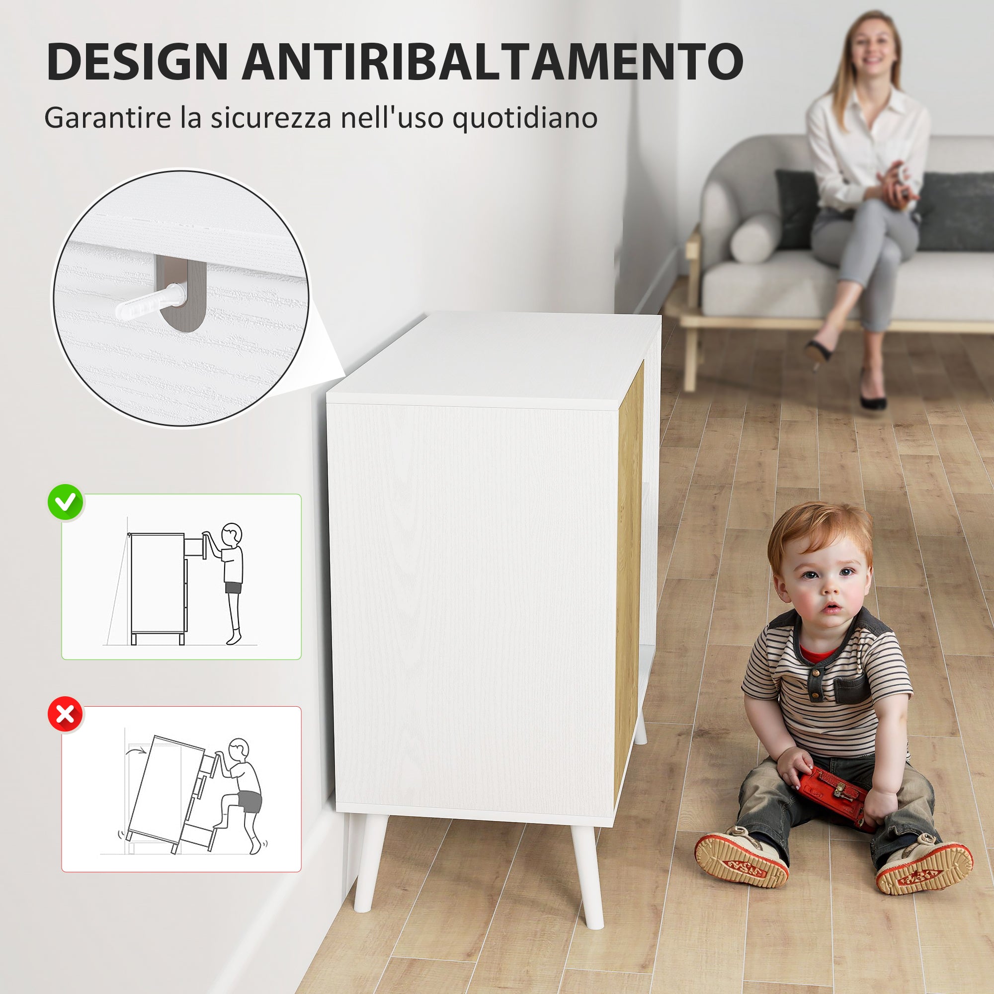 Credenza Moderna Mobile Basso 80x39x76 cm con Armadietto e Vani a Giorno in Legno Bianco