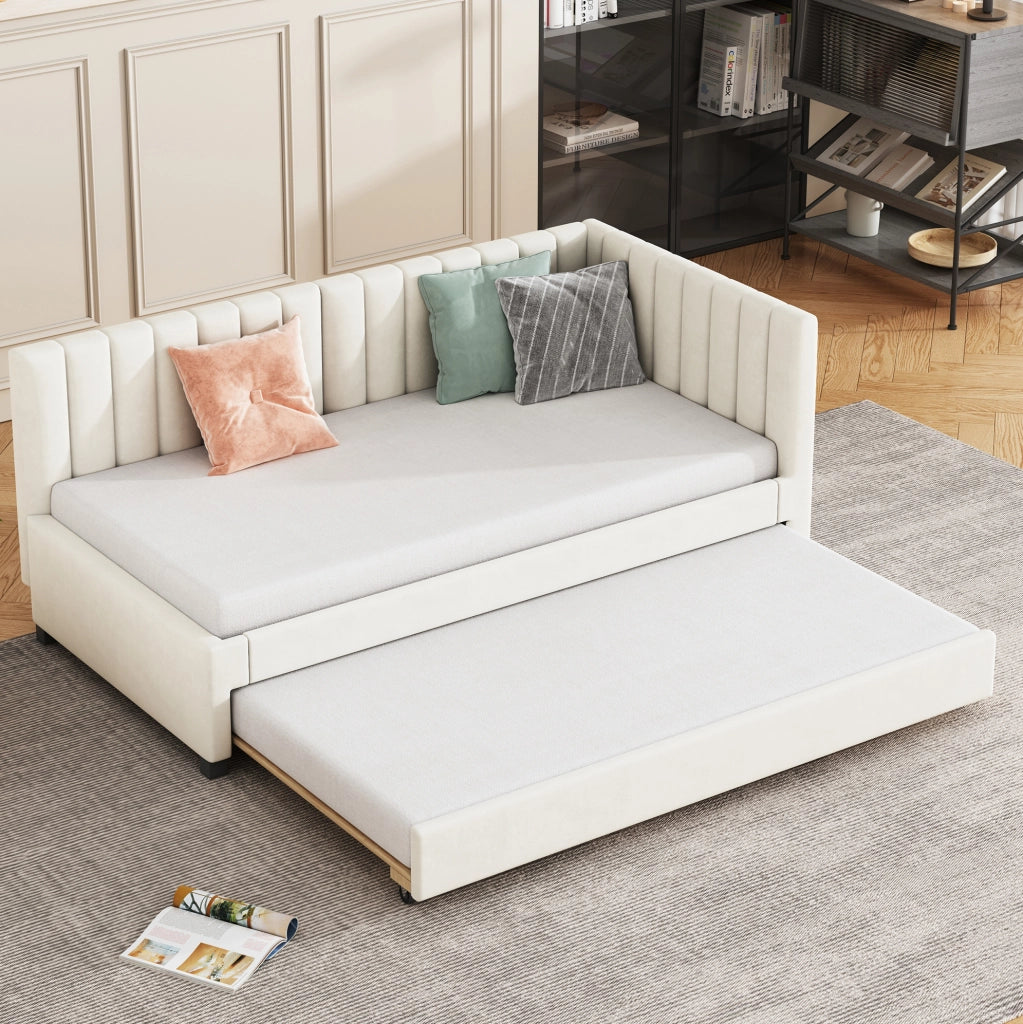 Letto singolo imbottito 90×200 cm beige con letto estraibile e rete a doghe