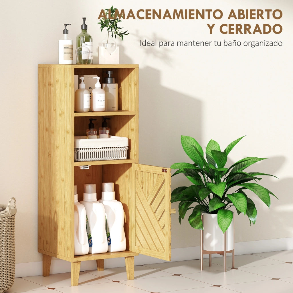 Armadietto Bagno Stretto con Anta e Ripiani Aperti ¨C Zephmum ¨C Legno Bamb¨´ 32x30x90 cm Naturale