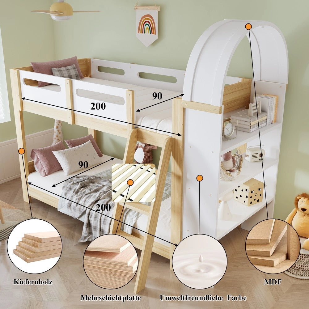 Letto a Castello Singolo in Legno con Rete a Doghe ¨C MINIMAL ¨C Pino/MDF/Multistrato, Bianco, 90x200