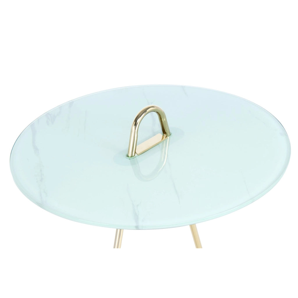 Tavolino Pendulum in Acciaio Oro e Vetro Marmo Bianco