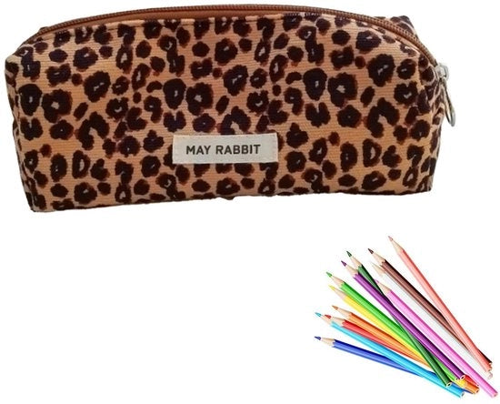 Etui per ragazze - Borsa scolastica per adolescenti, Etui in corduroy, Etui estetico indispensabile per lo studio, Borsa portatile per adulti, Etui estetico (pelle di leopardo marrone)