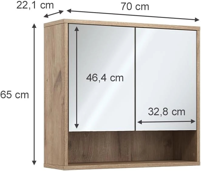 Specchio da bagno Eliza, Quercia vichinga, 70 x 65 cm con 2 porte, adatto per montaggio a parete e combinabile con la serie Eliza