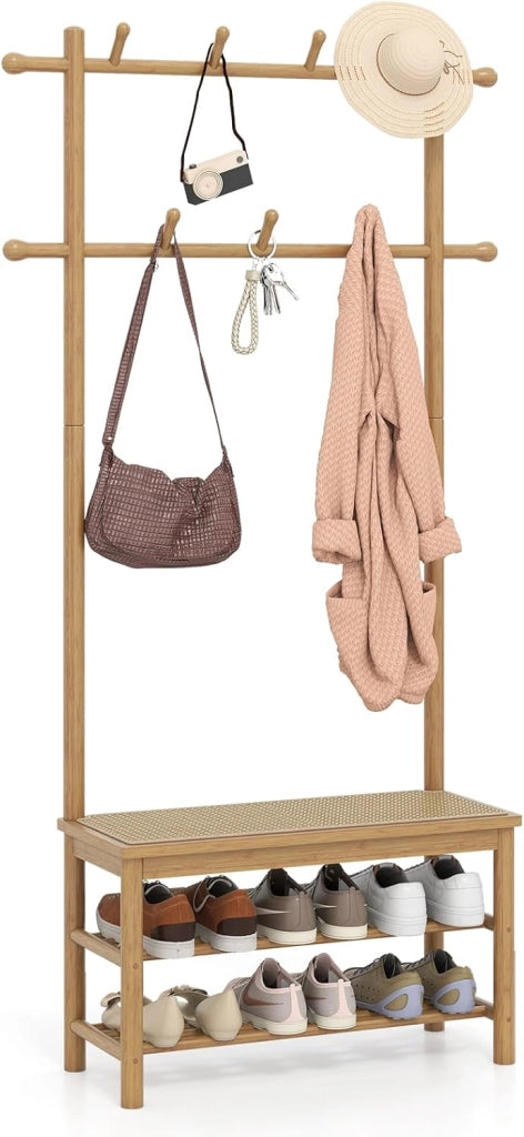 3 in 1 Appendiabiti da Terra in Bambù, Appendiabiti Salvaspazio con Scarpiera a 2 Ripiani, Panca in Rattan PE e 11 Ganci Arrotondati, Mobile Ingresso, 71 x 30 x 169,5 cm (Naturale)