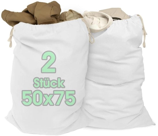 Sacchi per lavaggio 50x75 cm 2 pezzi di 100% cotone - Sacchi per lavaggio extra grandi - duraturi, con corda di trascinamento, contenitore per la raccolta della biancheria, borsa per la conservazione dello spazio in bianco