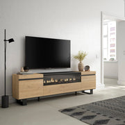 Mobile TV, 200x35x57cm, soggiorno, Per TV fino a 80", Camino elettrico, Design industriale, colore Rovere e nero RF2152