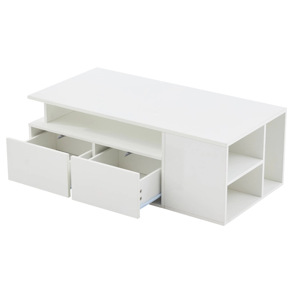 Tavolino da Salotto con 2 Cassetti e LED; Contenimento a 3 Livelli; Bianco Lucido; in Truciolare; 100×50×35 cm