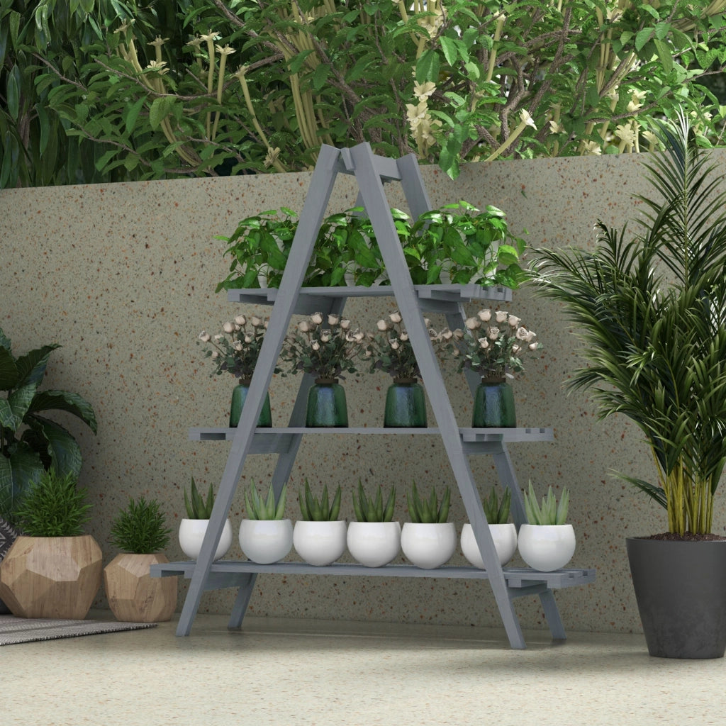 Portapiante Verticale 3 Livelli a Doghe, in Legno di Abete, 100x36x112 cm, Grigio