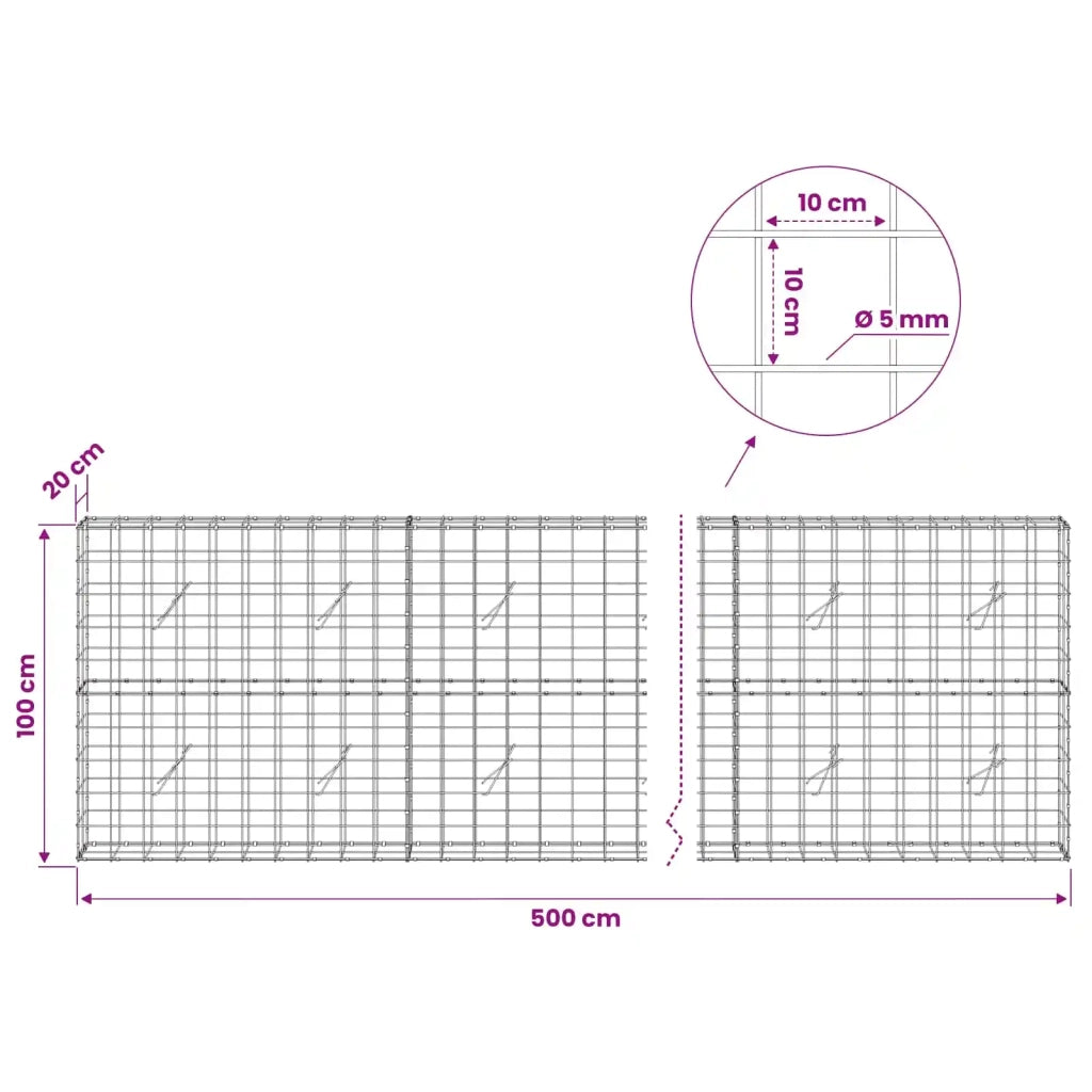 Gabione con Filo da 5 mm e Rete da 10x10 cm 500x20x100 cm 3465028