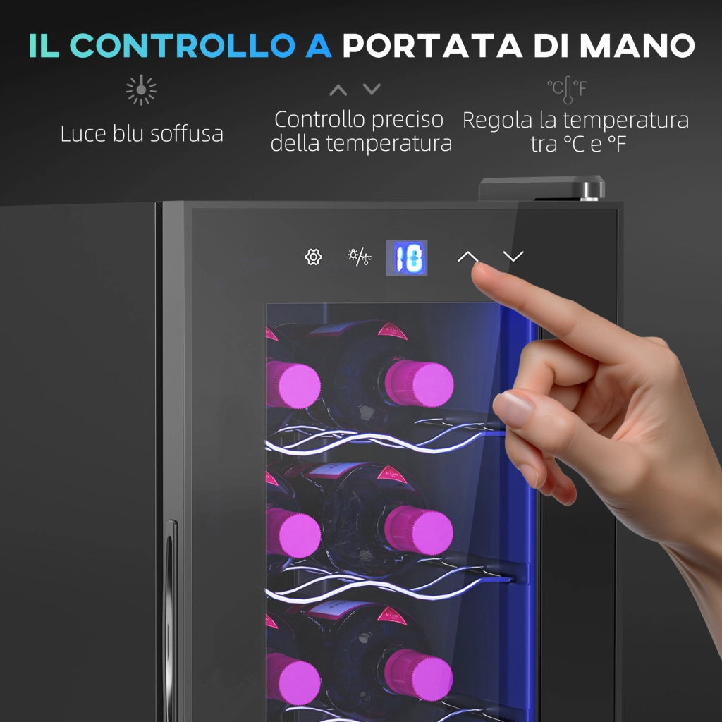 Cantinetta Frigorifero per 12 Bottiglie con Doppio Controllo Temperatura, Ripiani Regolabili e Luci, Nero