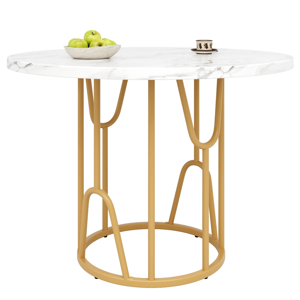 Tavolo da pranzo rotondo 80x80x76 cm in MDF e metallo; gambe oro; stile classico