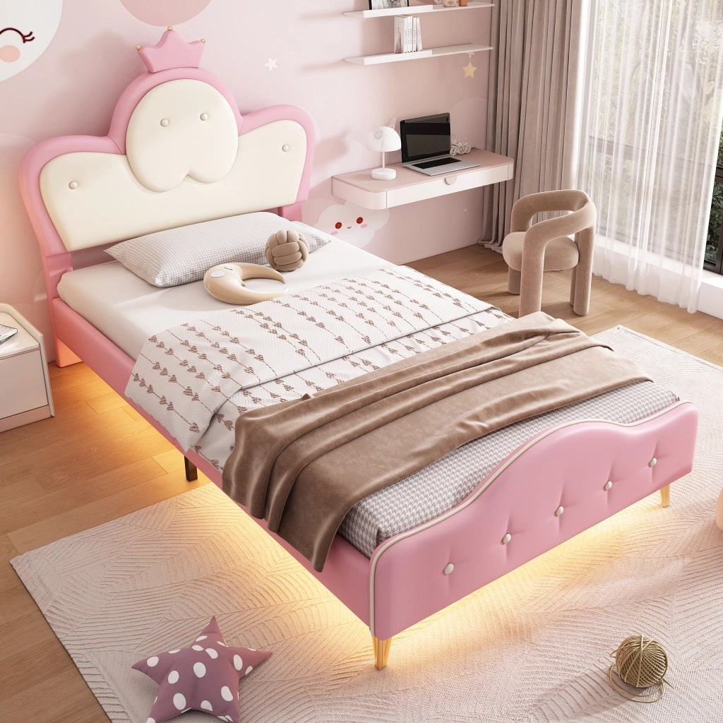 Letto per Bambini 90 x 200 cm; Letto Singolo - LED e Bordi Morbidi - PU Rosa e Bianco