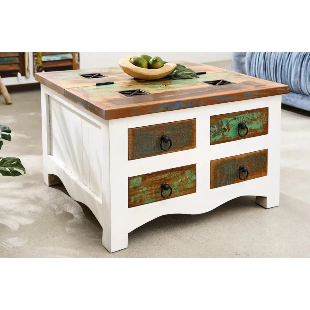Tavolino basso PATCHWOOD quadrato 70 cm legno multicolore e bianco con cassetti e baule