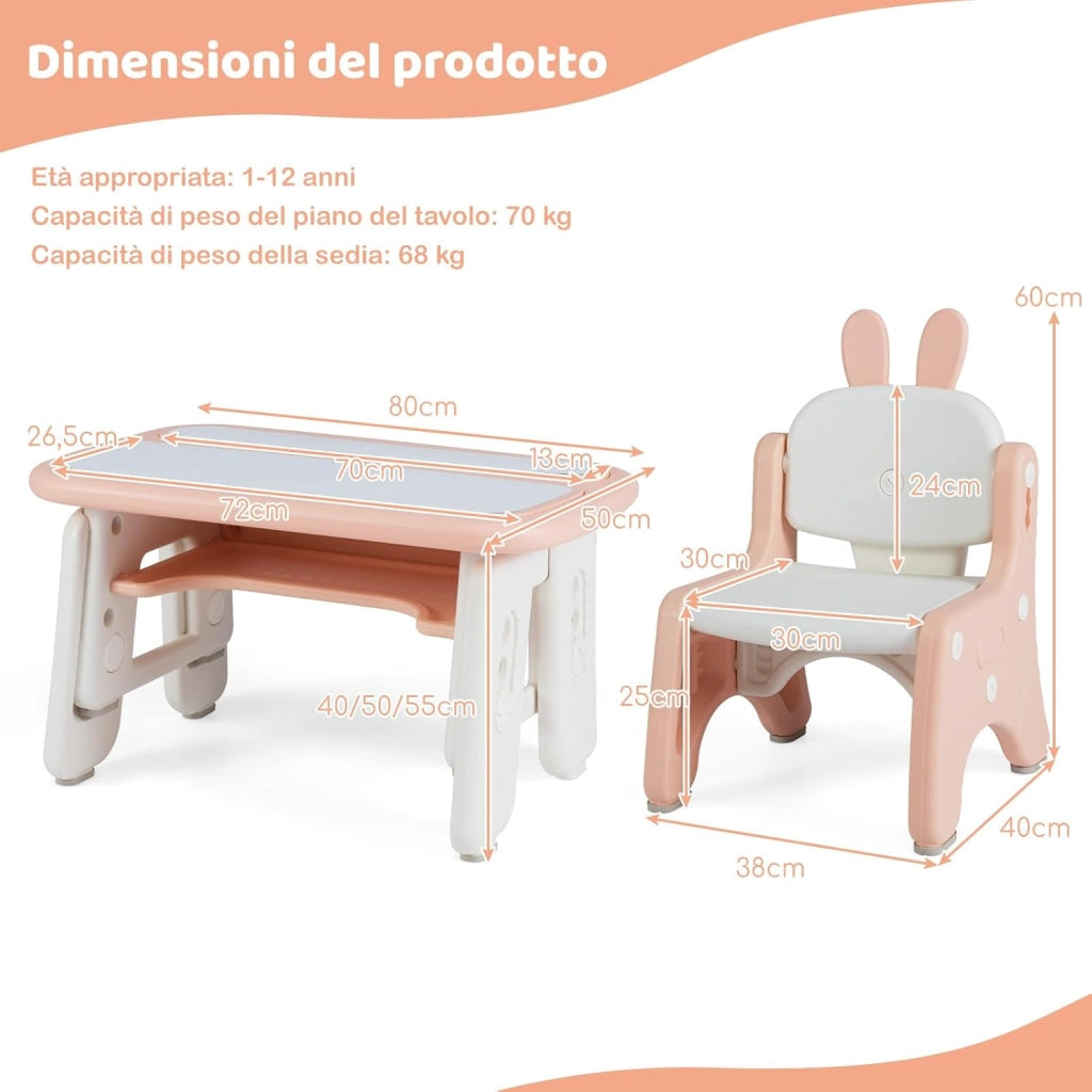 Set Tavolo e Sedia per Bambini, Tavolo e Sedia per Bambini con Mensola Ribaltabile, Lavagna Magnetica Cancellabile, Altezza Regolabile, per Camera da Letto, Sala, Giochi per Ragazzi (Rosa)