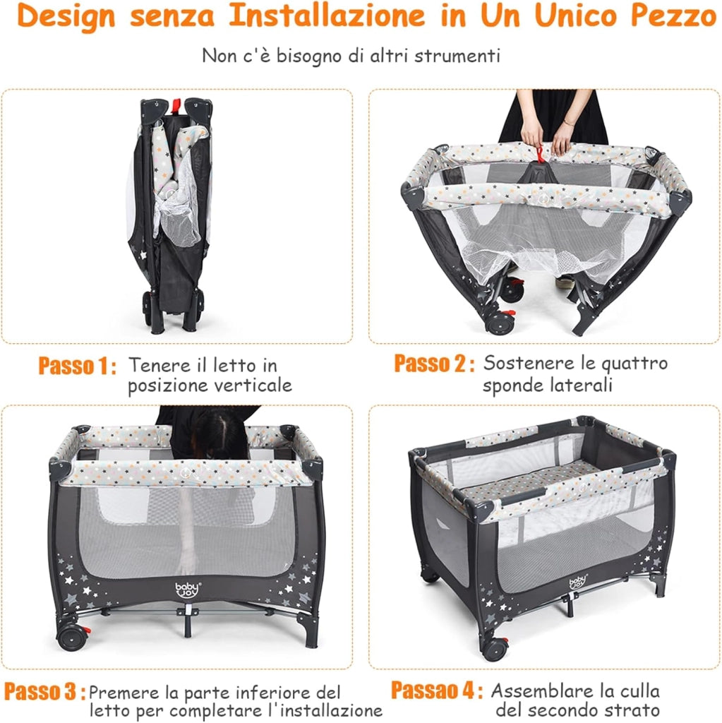 Lettino da Campeggio con Materasso, Lettino da Campeggio per Neonati, Culla da Viaggio Portatile con 2 Ruote, Borsa, per Bambini 0-36 Mesi, 125 x 65 x 76 cm (Grigio)