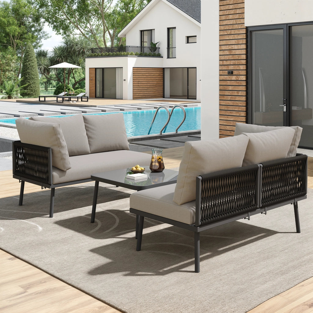 Set Lounge da Giardino Angolare ¨C MINIMAL ¨C Divano 2 Posti, Tavolo, Corda Grigia, Cuscini