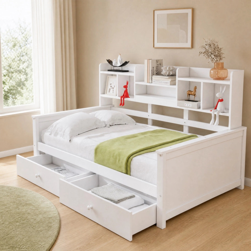 Divano letto singolo con 2 cassetti e vani portaoggetti in legno bianco per bambini e ragazzi 90 × 200 cm