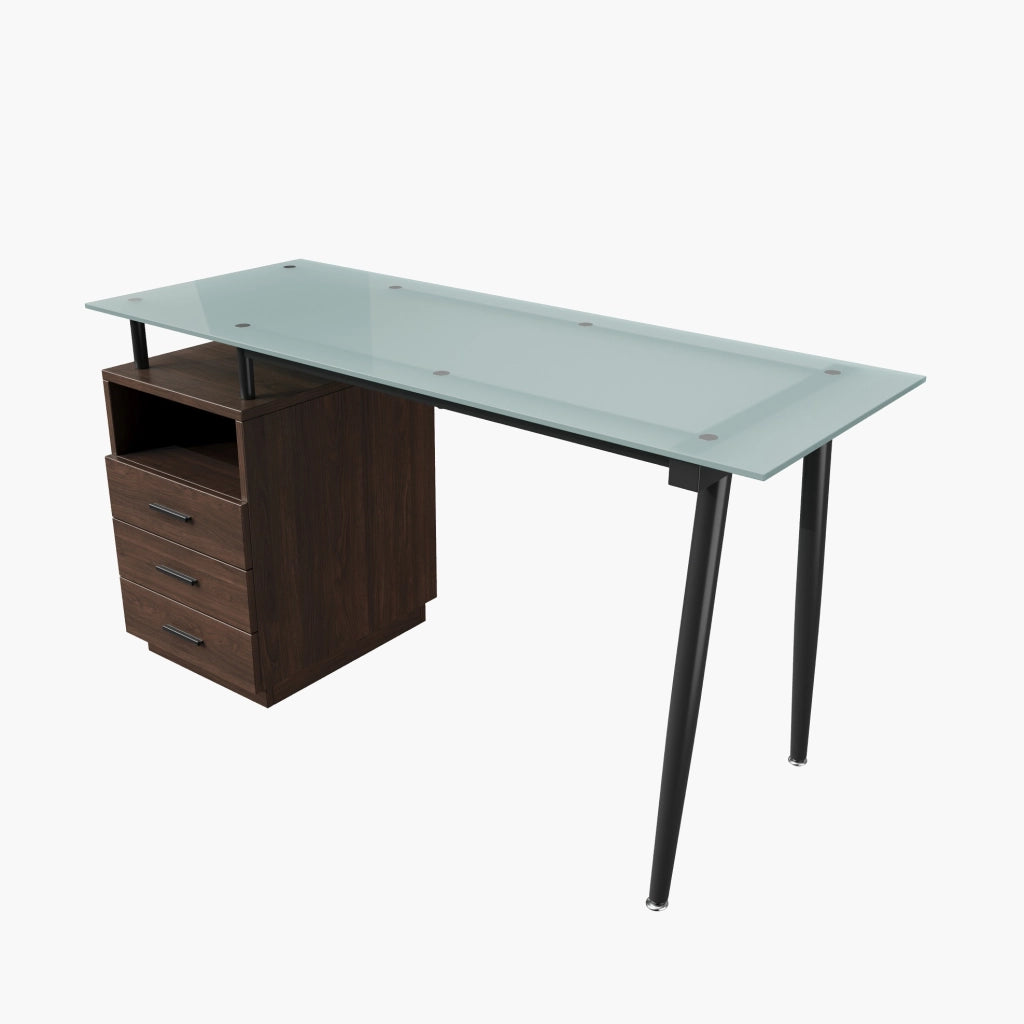 Scrivania 130x50x75 cm con tre cassetti e vano aperto in vetro satinato temperato; MDF e metallo; marrone