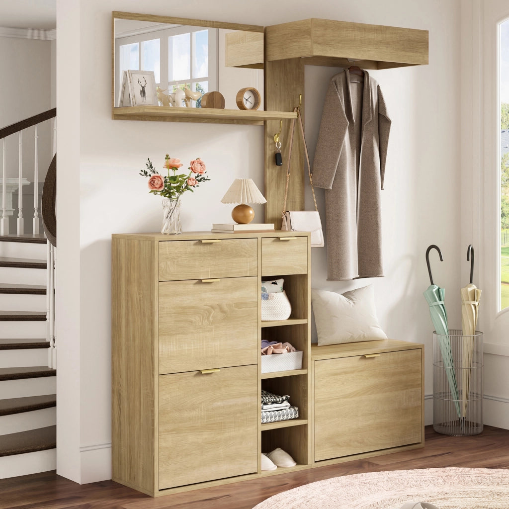 Set di mobili da ingresso con scarpiera; panca; specchio e appendiabiti in truciolato naturale 130 × 30 × 174 cm
