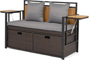 Divano da Giardino 2 Posti, Panchina da Esterno in Rattan PE con Contenitore, Cuscini Imbottiti e Tavolini Pieghevoli, Salotto da Giardino per Balcone e Terrazza, 120 x 51 x 82 cm (Grigio)