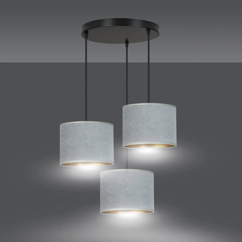 Lampadario Tondo 3 Luci Ganesha In Acciaio Nero E Paralumi In Tessuto Grigio