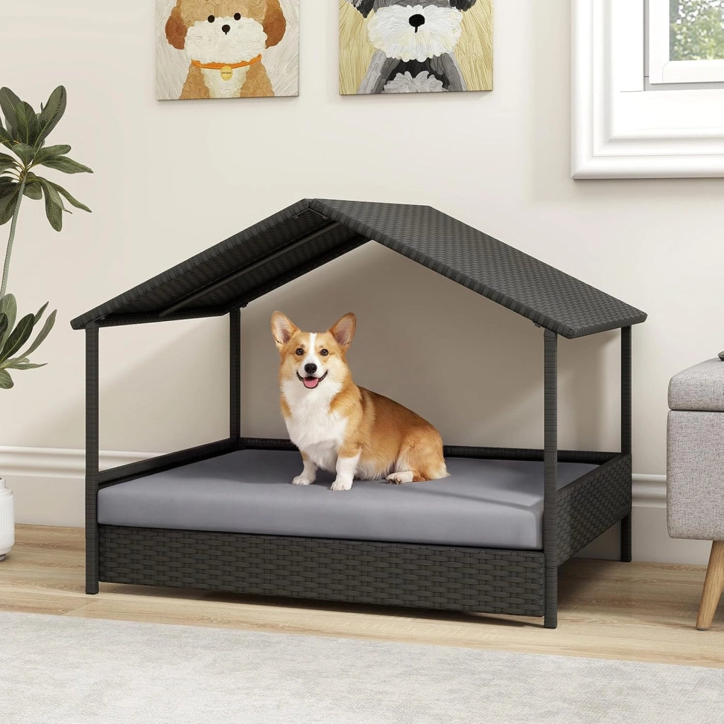 Casetta per Cani da Esterno e Interno, Letto Rialzato in Rattan con Struttura in Metallo, Tetto Impermeabile e Cuscino Rimovibile, per Cani di Taglia Piccola e Media fino a 60 KG (Grigio)