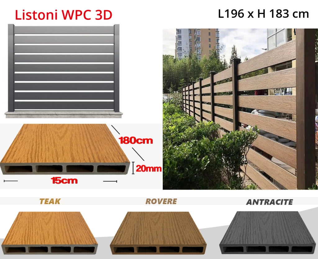 Listoni WPC 3D L196xH183cm per recinzione colore Grigio listone 150x1805mm spessore 20mm