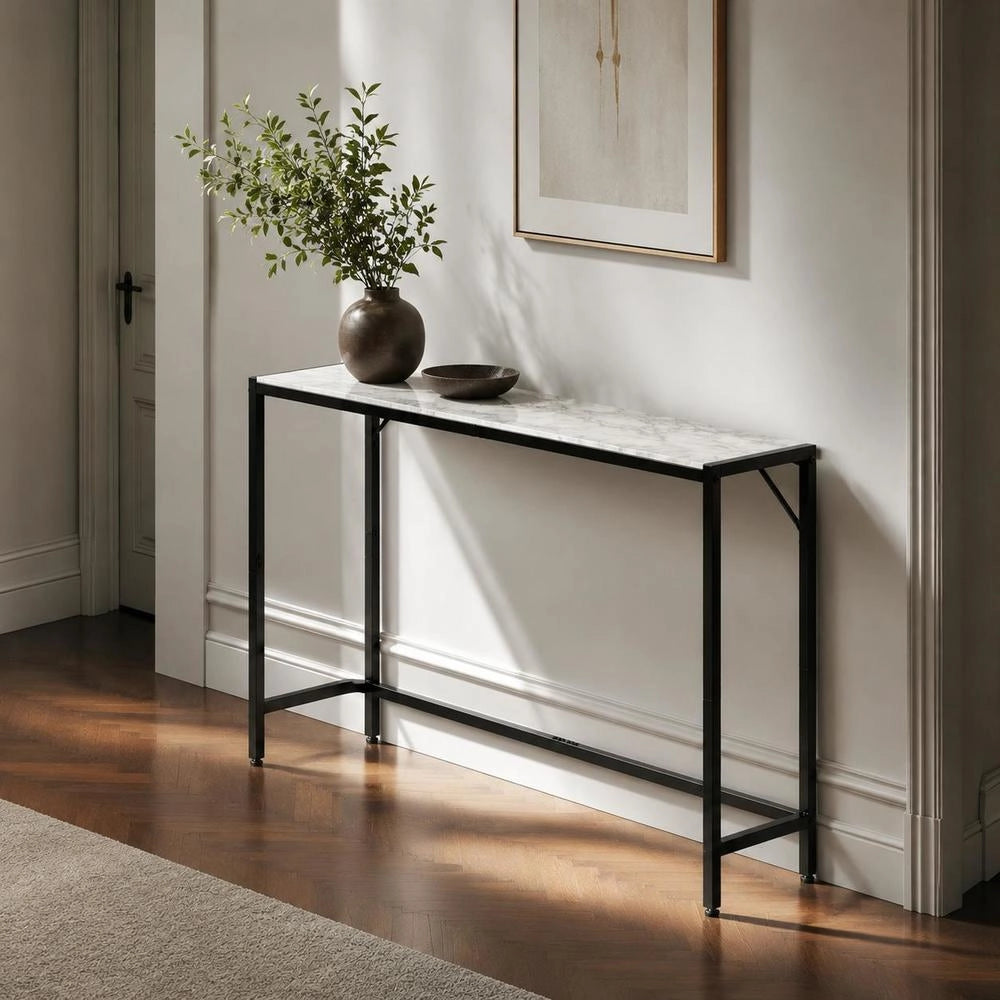 Marble Console Table, Modern Long Hallway Table (110 Cm) With Power Outlet, Thin Sofa Side Table With Iron Pipes, Anti-tip Device & Triangular Support For Living Room, Hallway, Entrance Area