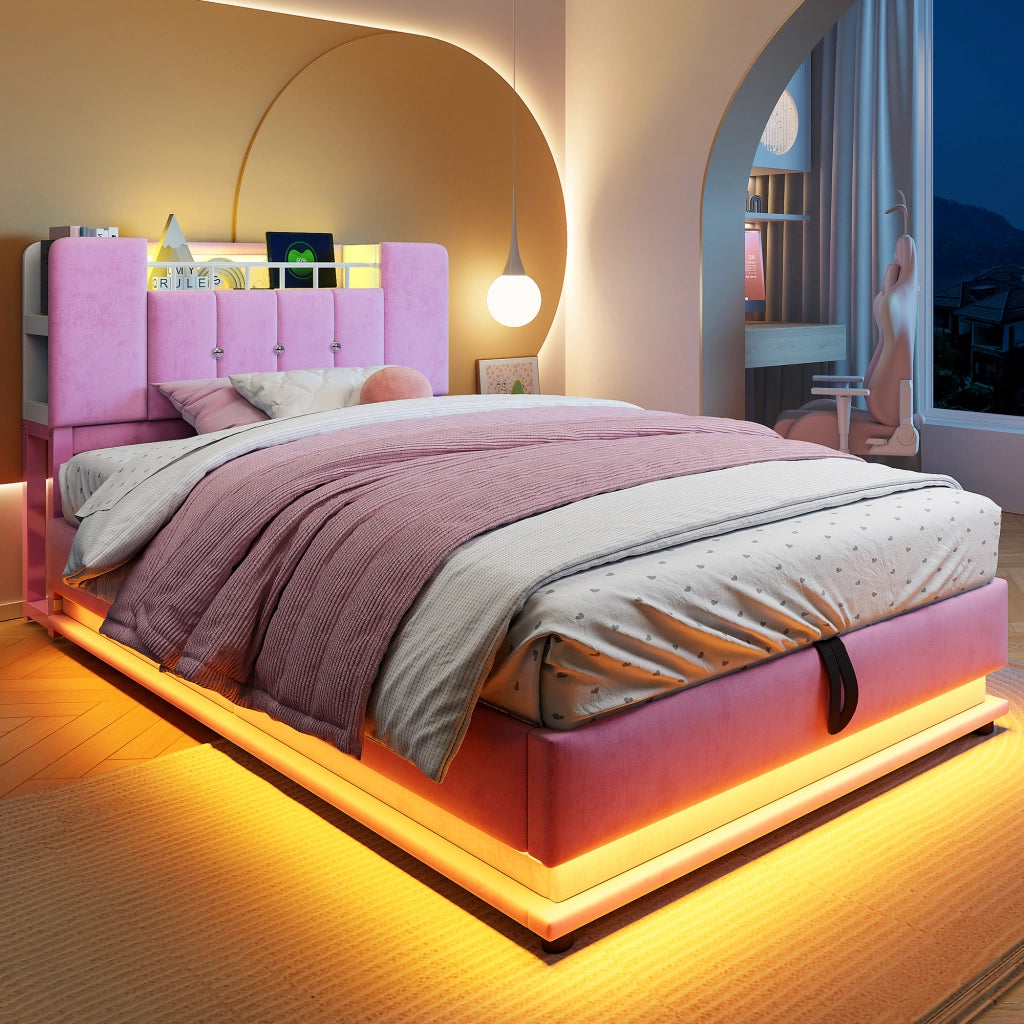 LETTO Polsterbett per bambini 90x200 cm Rosa in velluto con LED, USB e contenitore