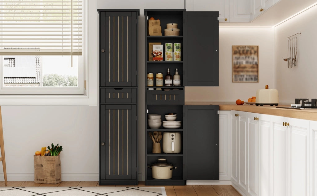 Mobile contenitore nero in MDF, 40 x 30 x 170 cm, con ante, cassetto e ripiani regolabili