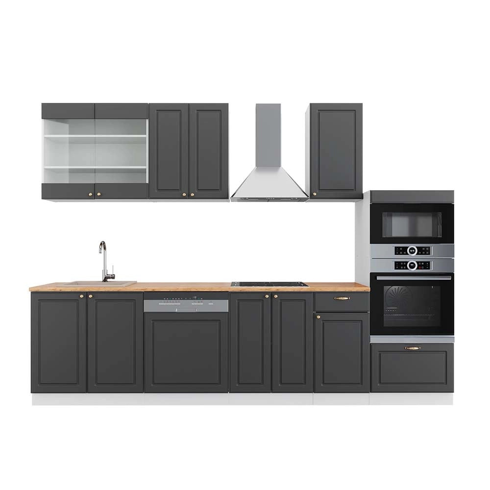 Cucina componibile Fame-Line Antracite-oro/Bianco 300 cm con armadio alto, PL Rovere Vicco