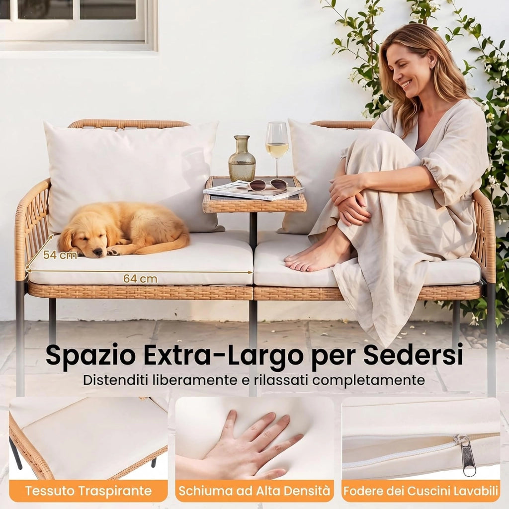 Divano da Giardino in Rattan PE, Panchina da Esterno con Tavolino Integrato in Vetro Temperato, Divanetto a 2 Posti, Cuscini Imbottiti, per Balcone, Terrazza e Cortile, Portata 150 kg