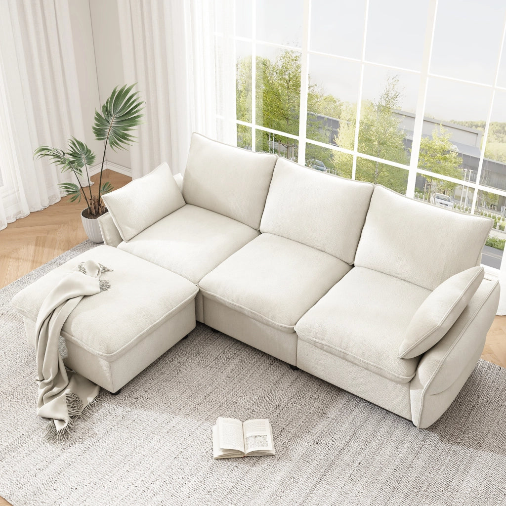 Divano angolare L in ciniglia beige con 2 cuscini