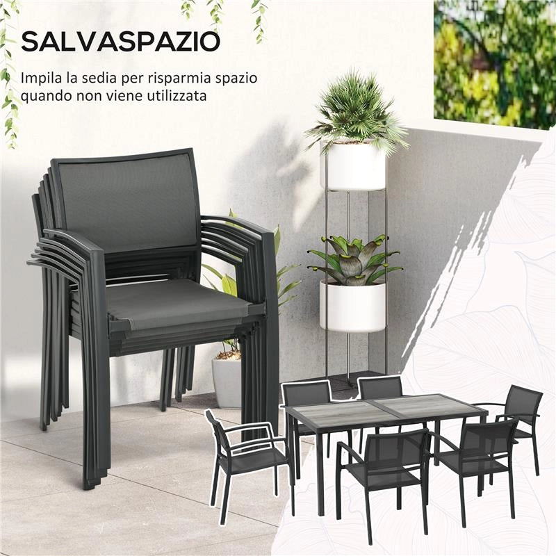 SET DA GIARDINO CON 6 SEDIE IMPILABILI IN TESSUTO A RETE E TAVOLO EFFETTO LEGNO, GRIGIO