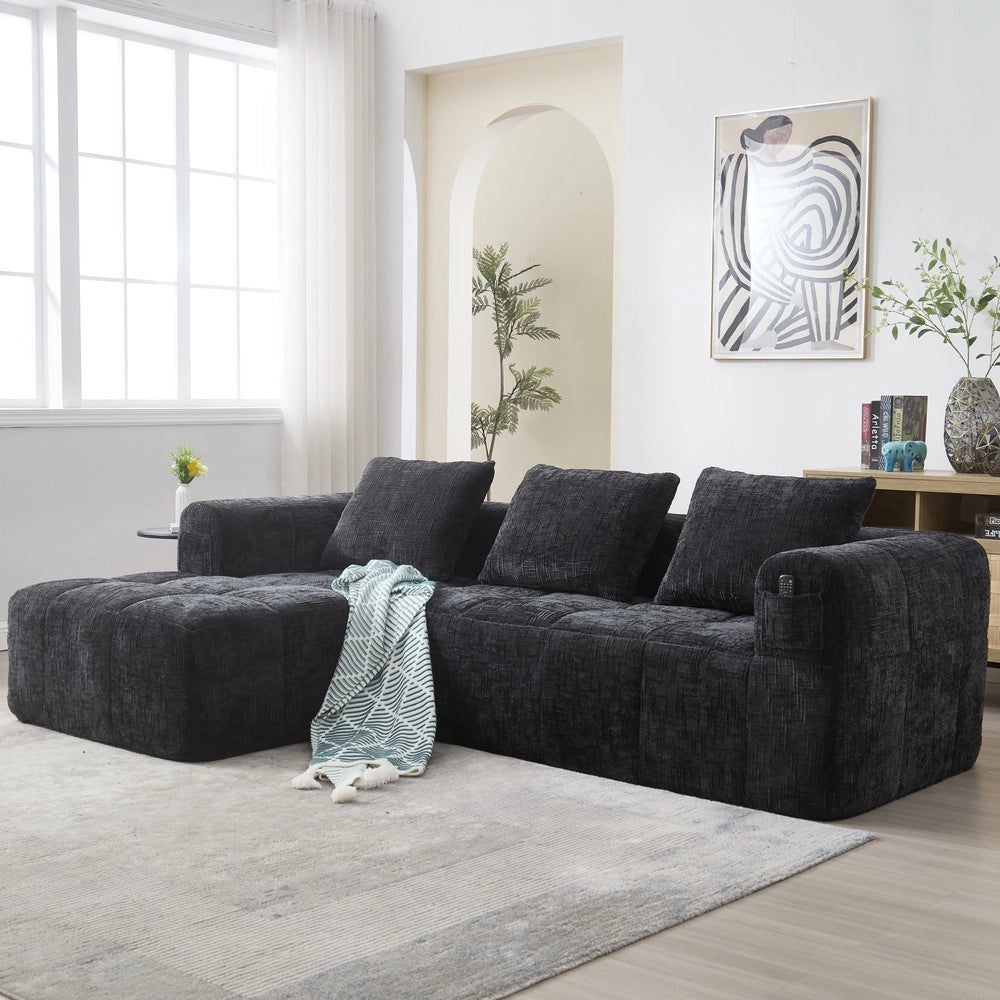 Divano angolare 3 posti con chaise longue e braccioli ¨C Minimal ¨C nero chenille con 3 cuscini e tasche laterali
