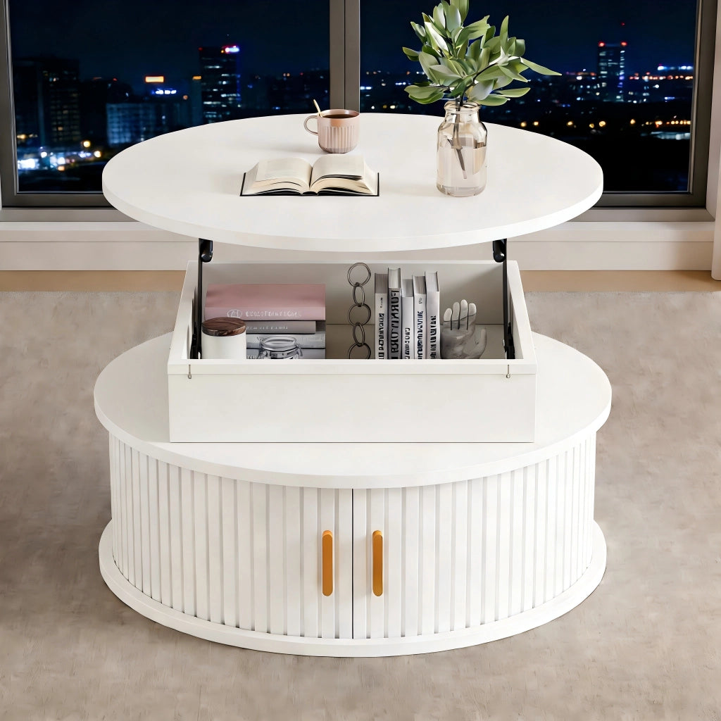 TAVOLO da caffè regolabile in altezza 75x75x52 cm MDF bianco con LED e contenitore