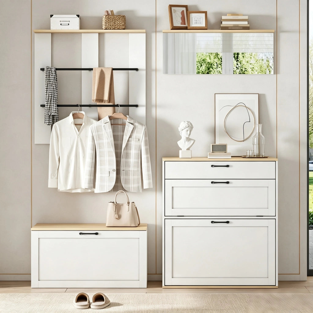 Set ingresso modulare con scarpiera, panca, specchio e appendiabiti, 156x36x176 cm, bianco e legno naturale