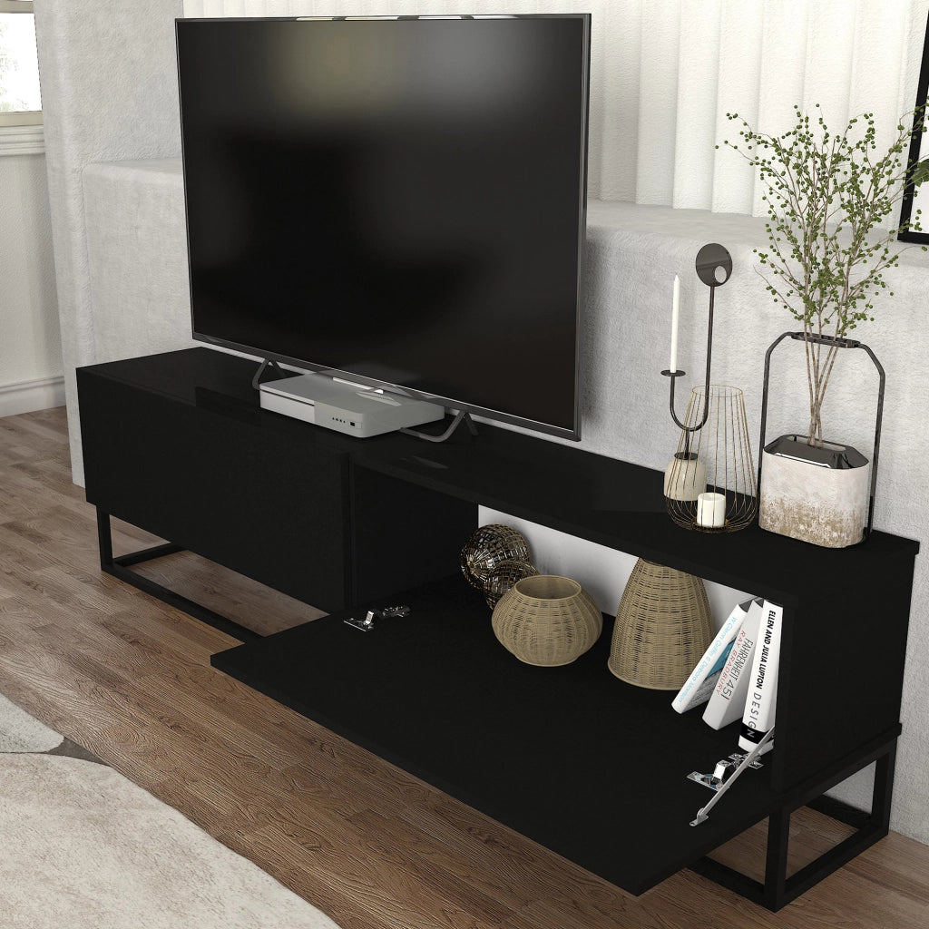 Mobile Porta TV Nolven a 2 Ante Ribalta e Telaio Lungo in Metallo 180x32x47 cm - Nero [en.casa]