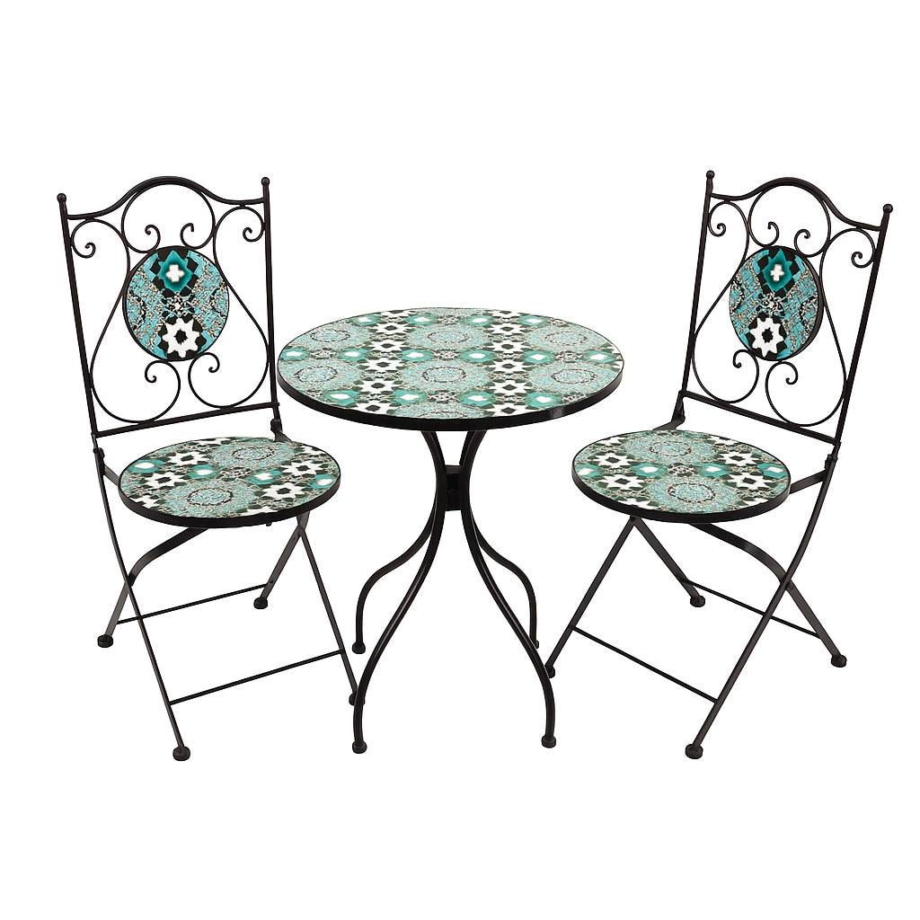 SET PER ESTERNO GIARDINO TAVOLO E 2 SEDIE CON INSERTI IN CERAMICA MODELLO "SAINT-TROPEZ"